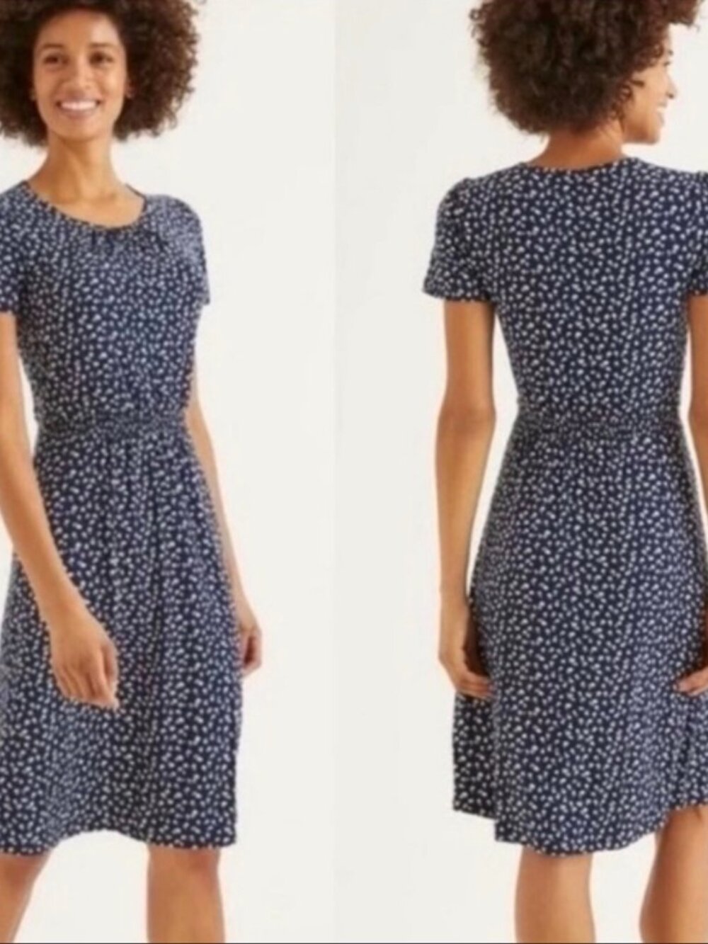 Boden Navy and Floral Pattern Dress With Smocked Waistband